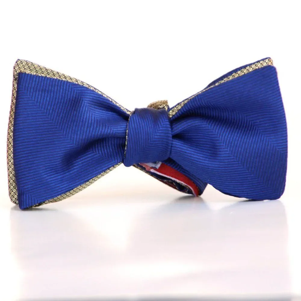 Mens bow tie Silk Blue Gold Reversible Italian‎ silk Bow tie Self-tied